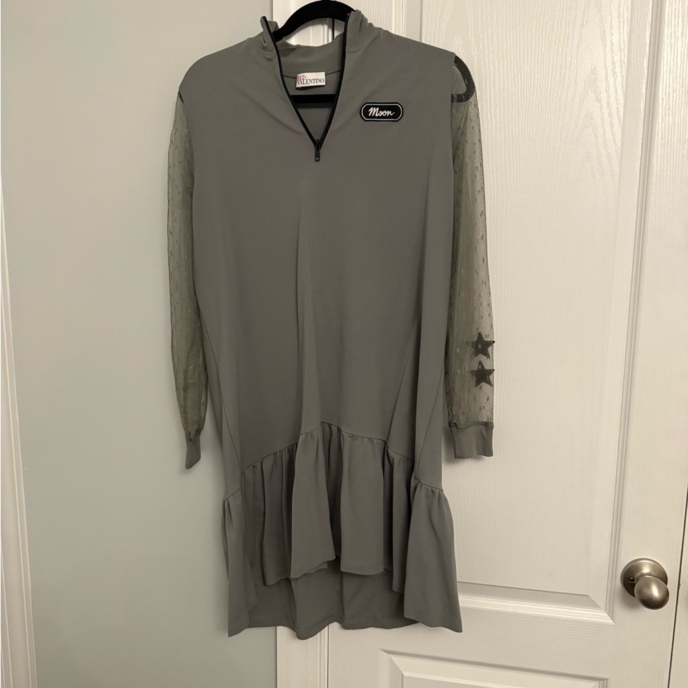 Red Valentino Gray Dress with Sheer Star Sleeves